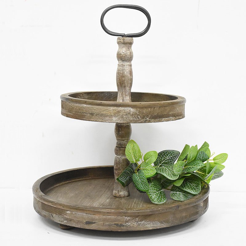 Vintage Rustic Farmhouse Distressed 2 Tired Round Wooden Tray Stand